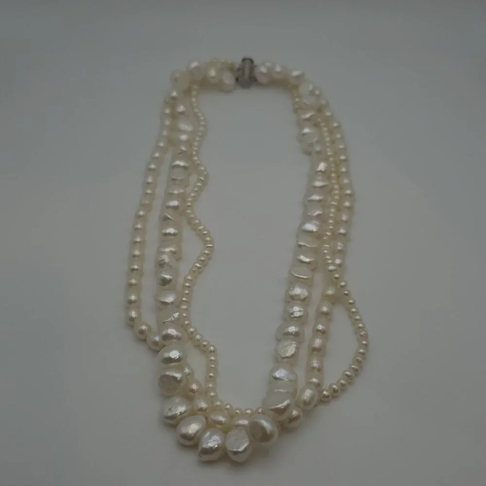19 Inch Sterling Silver Triple Strand Genuine Pearls Necklace B212 - Picture 2 of 8